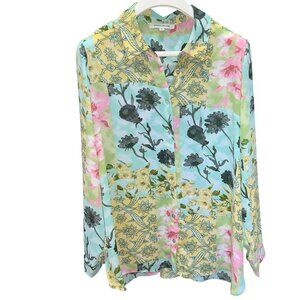 Rose + Olive Floral Long Sleeve Button-Up Blouse| Womens Size XL | Lightweight